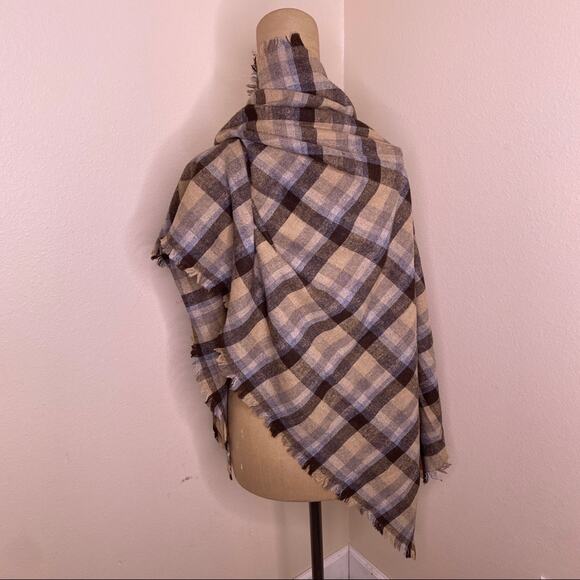 Wool Blend Brown and Cream Plaid Wrap - Picture 3 of 9